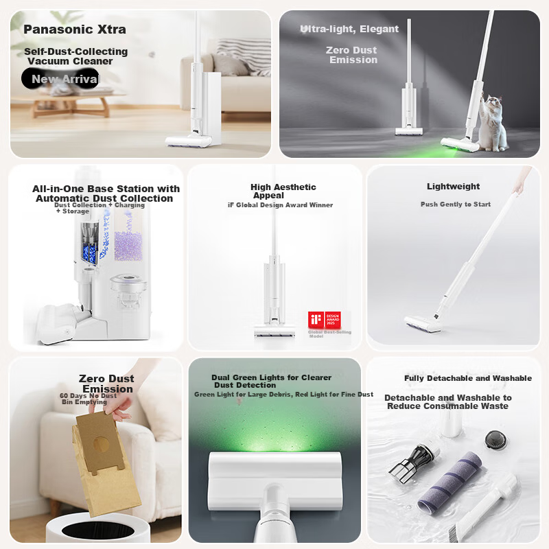 Panasonic Xtra Zero Zero Cordless Vacuum Cleaner Automatic Dust Collection Home Powerful Handheld Green Light Dust Detection Pet Hair Removal MC-KAX1W [60 Days No Trash Emptying]
