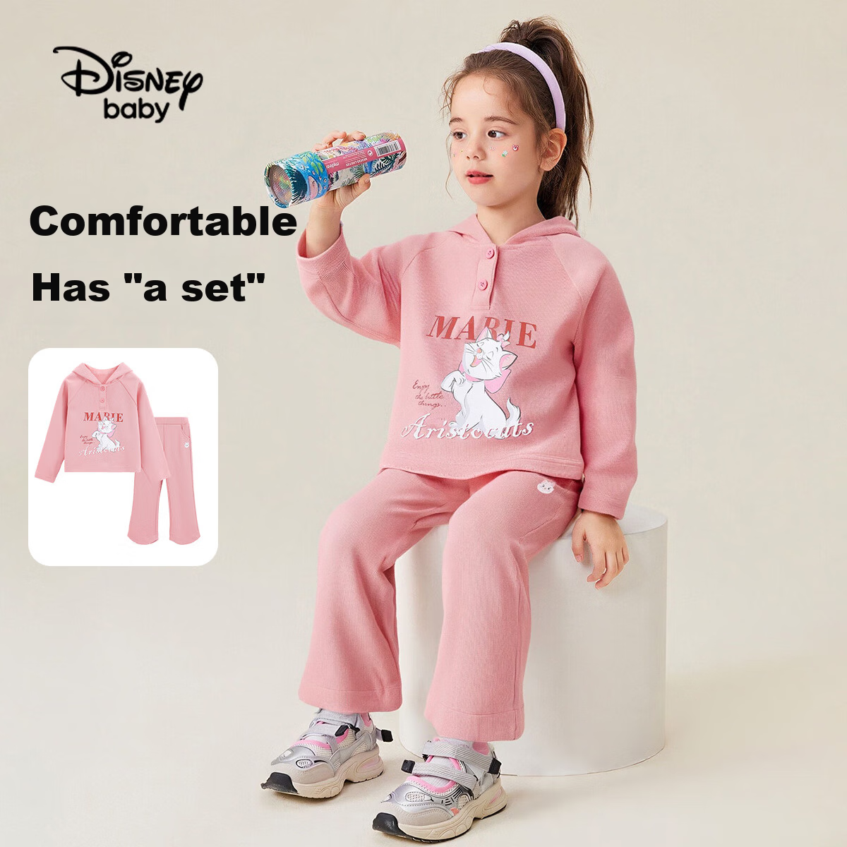 Disney Baby Girls' Hoodie and Flared Pants Set, Toddler Spring Casual Two-Piece Outfit, Gray and Pink, Size 90