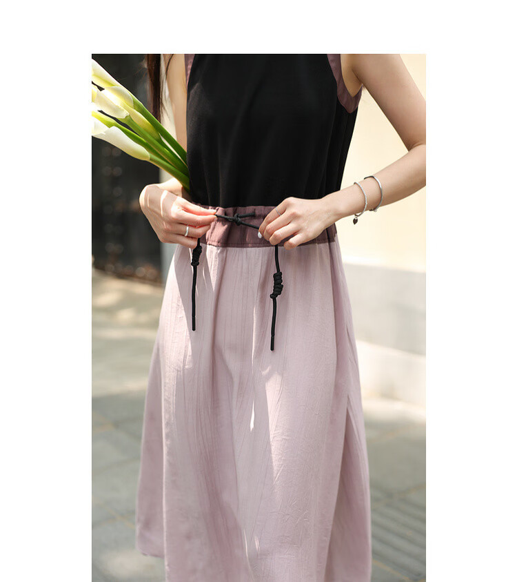 MT Relax Trio Summer Urban Colorblock Drawstring Crew Neck Sleeveless T-Shirt Style Long Dress for Women 9
