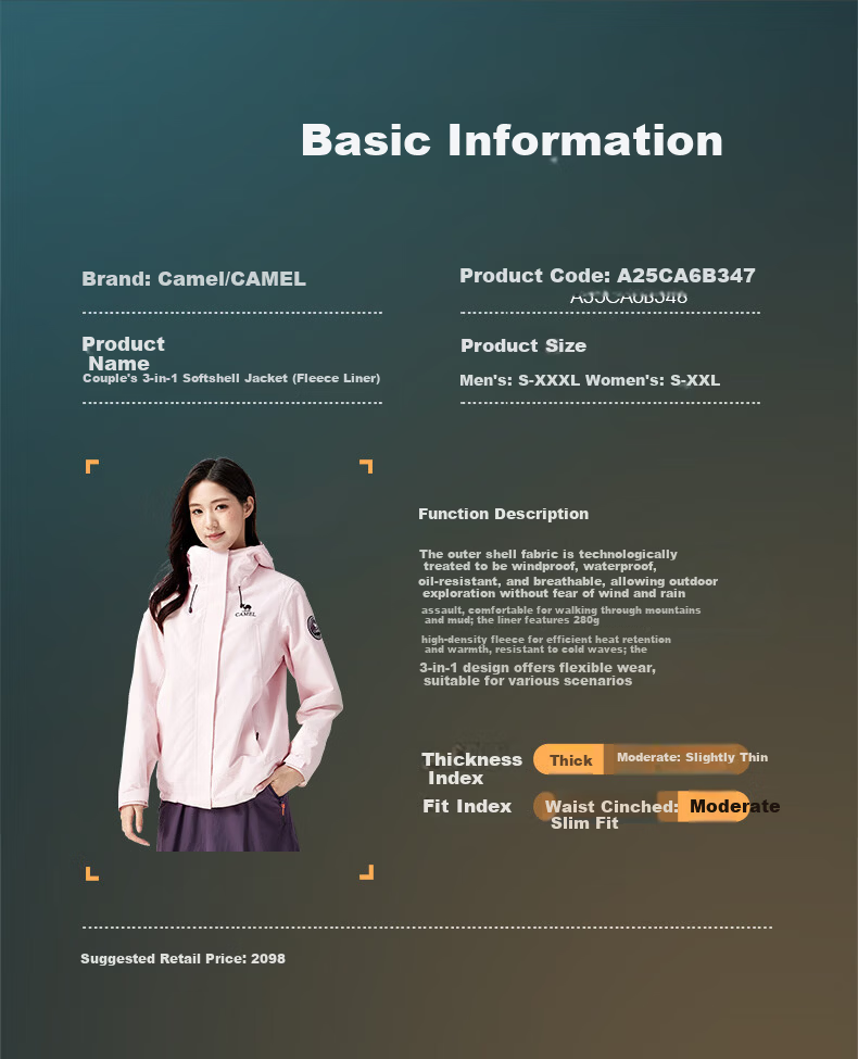 Camel Women's 3-in-1 Outdoor Waterproof Windproof Rain Jacket Hiking Coat for Men 17