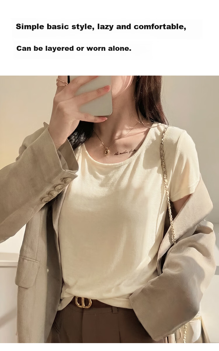 Audifine Women's Crew Neck Base Shirt U-Neck Top Spring Summer Cool Lyocell Short Sleeve T-Shirt Slim Soft Black M 5
