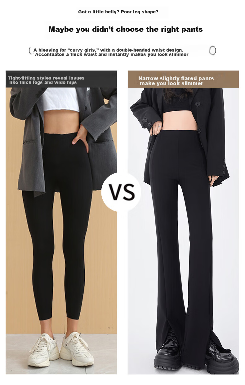 FitonTon Women's Split Flared Pants 2025 Autumn Winter High Waist Slimming Slight Flare Casual Black Horseshoe Pants 2