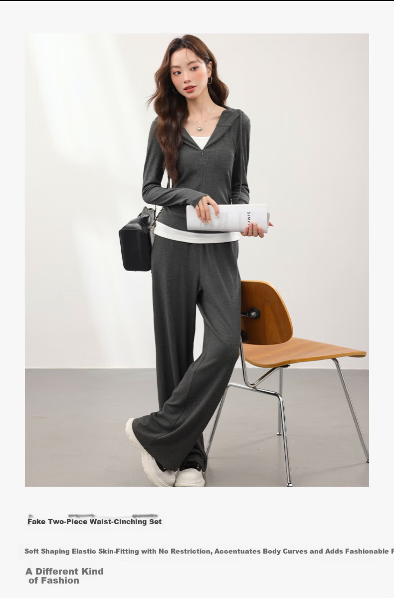 MJ STYLE Women's Two-Piece Set with Shoulder Pads 2026 Autumn Light Mature Korean Style Casual Jacket and Wide-Leg Pants for Petite Women 3