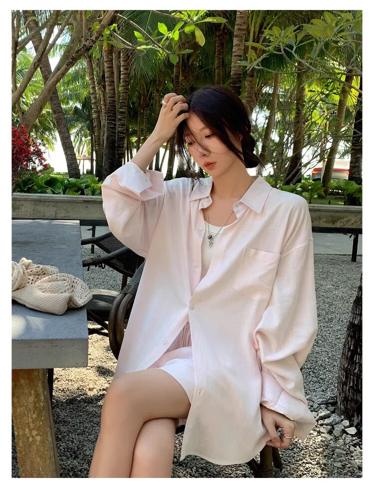 ICH MODE "Bangkok Holiday" Linen Shirt Women Lazy Style Physical Sun Protection Long Sleeve Shirt Linen Color L 13