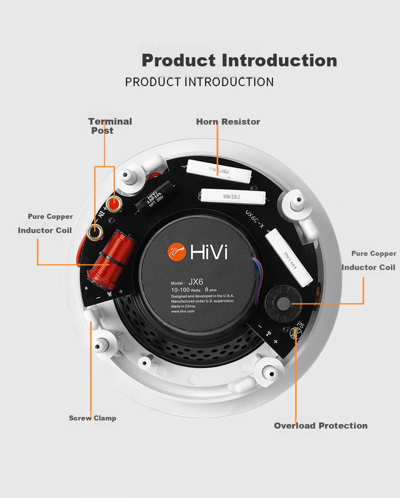 HiVi JX6 Fixed Impedance Ceiling Speaker 6-Inch In-Ceiling Loudspeaker for Campus Public Broadcasting Conference Room Mall Coffee Shop Living Room Background Music Speaker (Pair) 7