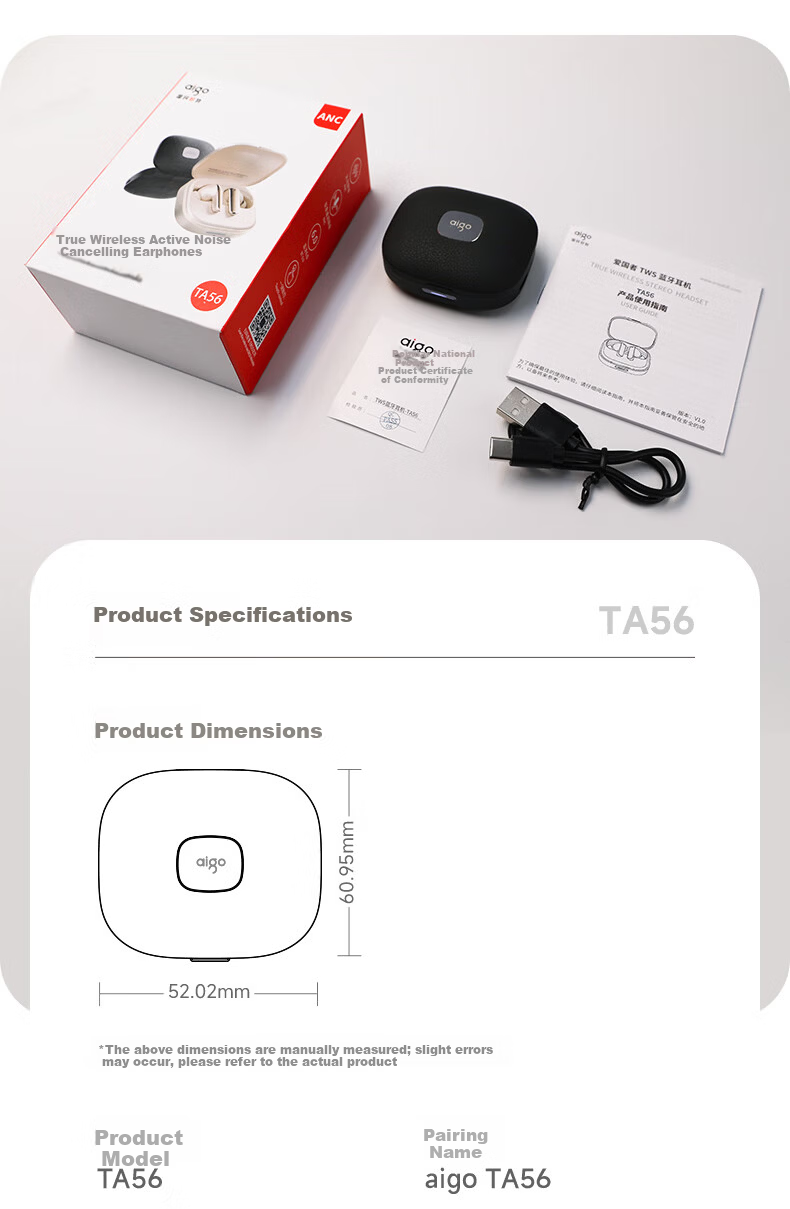 Aigo In-Ear Bluetooth Earphones Active Noise Cancelling Bluetooth 6.0 Business Music HD Call 52H Battery Life Luxury Leather Texture Universal for Xiaomi Apple TA56 Beige 10