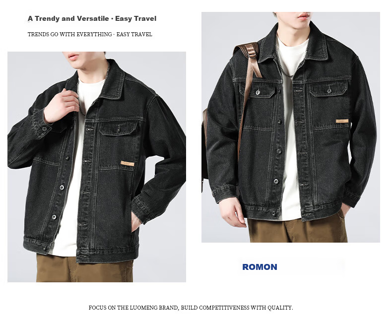 ROMON [Workwear Retro] Men's Jacket, Summer Turn-Down Collar, Loose-Fitting Trendy American Casual Denim Coat, Black And Gray, Size L 11