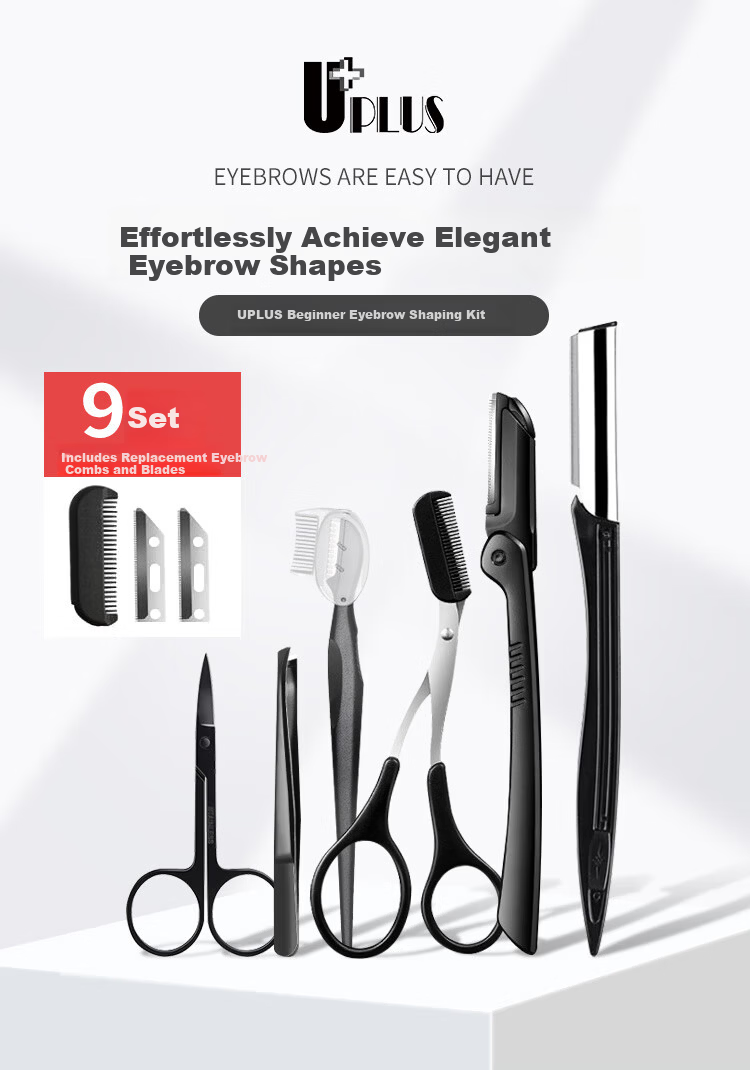 UPLUS 9-Piece Eyebrow Shaping Kit Beginner Eyebrow Razor Set Eyebrow Trimmer Makeup Scissors for Men and Women 1