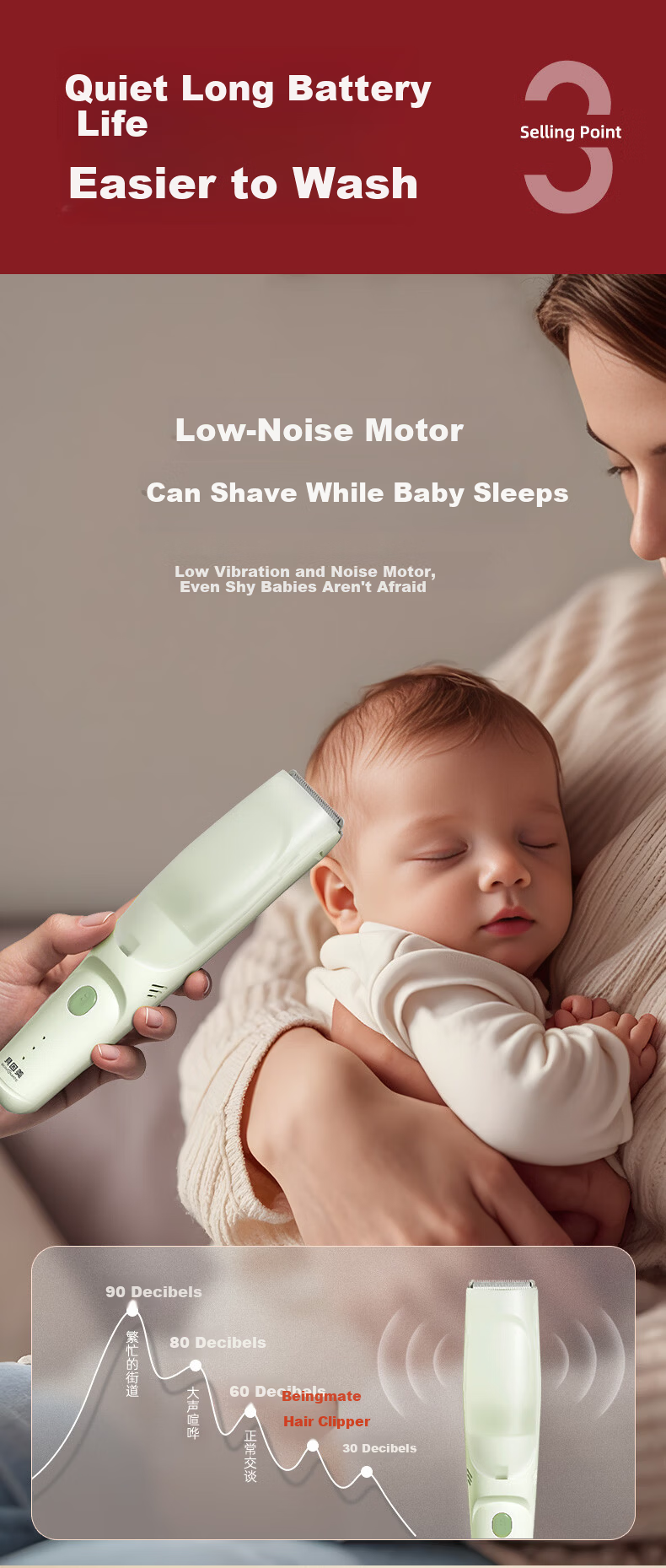 Beingmate Baby Hair Clipper Silent Waterproof Rechargeable Automatic Hair Suction Infant Hair Trimmer Baby Haircut Tool 9