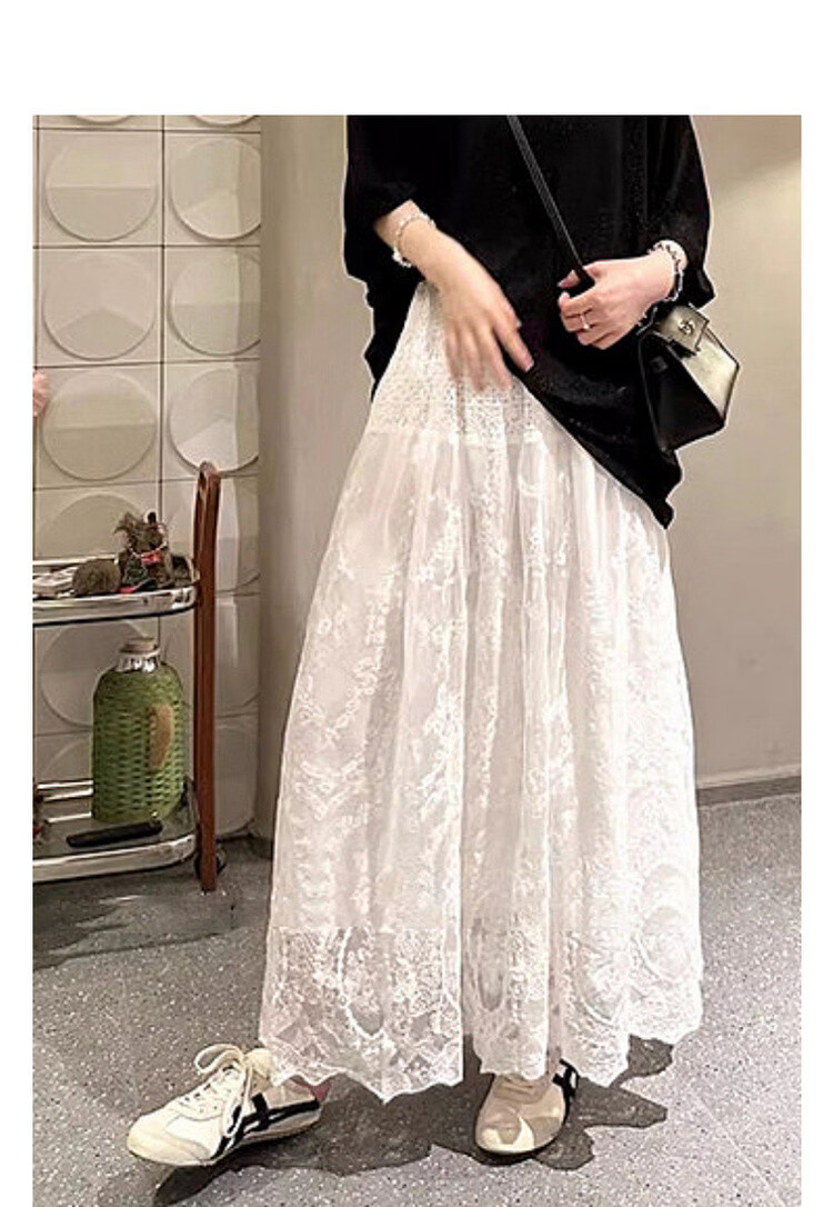 MT Advanced Romance Summer Elegant Lace Texture Elastic Waist Lightweight Flowing Slim A-Line Women's Skirt 3