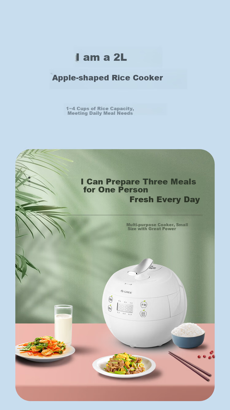 GREE Mini Rice Cooker 2-3 People 2L 316L Stainless Steel Inner Pot Non-Coated Smart Multifunctional Rice Cooker Soup Baby Porridge Single Use 2007C 1