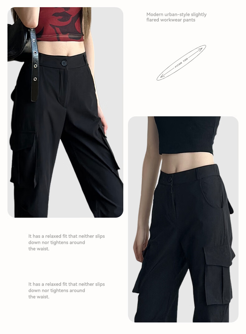 FitonTon Women's American Style Slight Flare Cargo Pants 2026 Summer New High Waist Slim Retro Flared Casual Pants 11