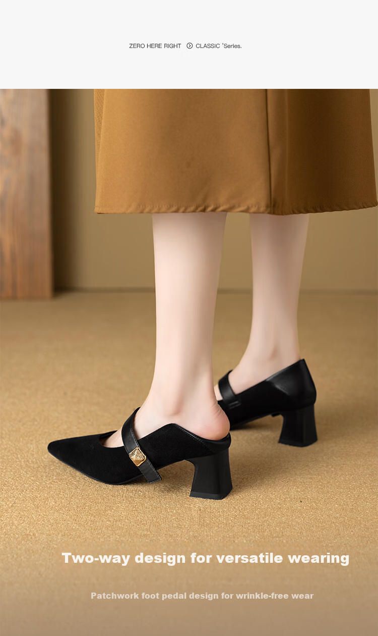 ZHR Pointed Toe Mary Jane Shoes for Women 2026 Spring New Thick Heel Suede Retro Versatile High Heels BL701 Black Size 34 5