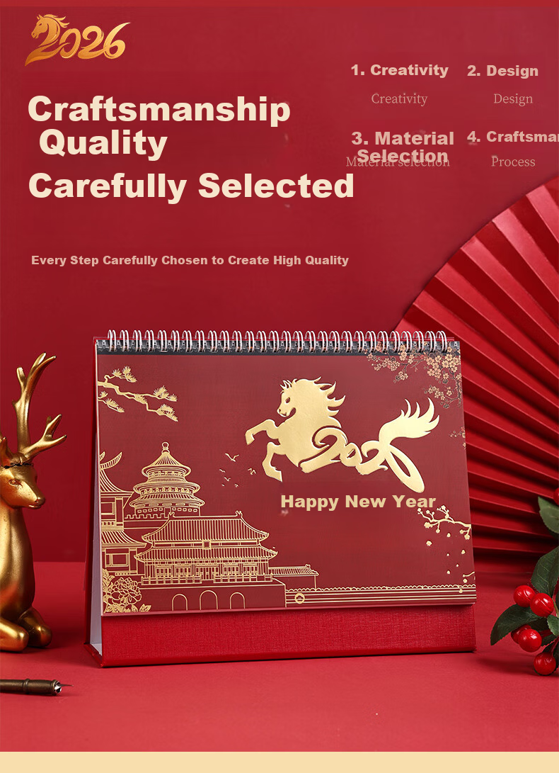 Gelite Customizable Chinese New Year Cultural Creative Festival Spring Festival Gold Foil Year of the Horse 2026 Desk Calendar Monthly Planner Self-Discipline Notebook Daily Check-in Desktop Ornament  3