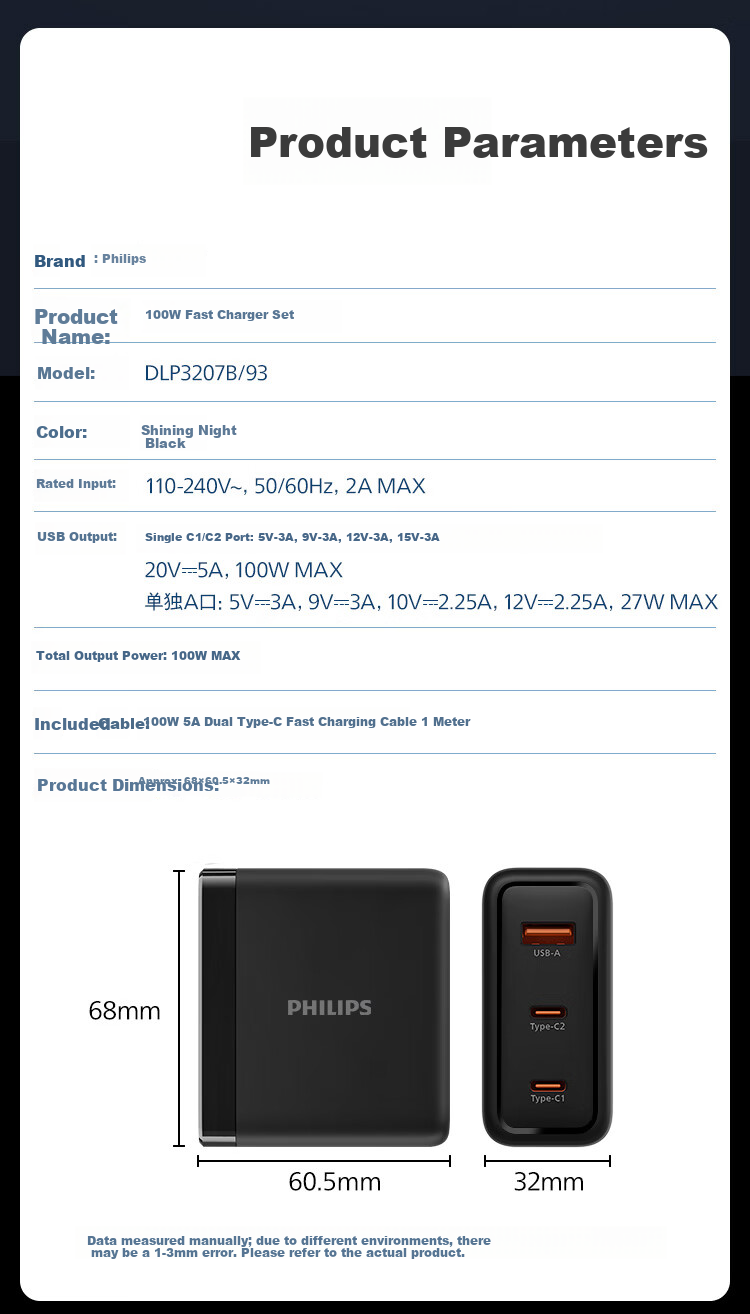 Philips 100W GaN Charger Set Laptop Mobile Phone Power Adapter PD Fast Charging Type-C Cable for MacBook Huawei Lenovo Xiaomi iPad Black 4
