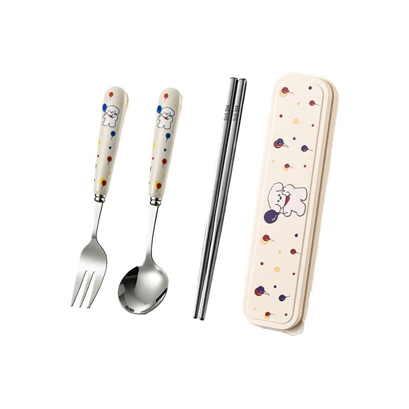 Cilock Chopsticks Student 304 Stainless Steel Fork and Spoon Set Portable Cutlery for Office Workers Cake Bear Three-Piece Set