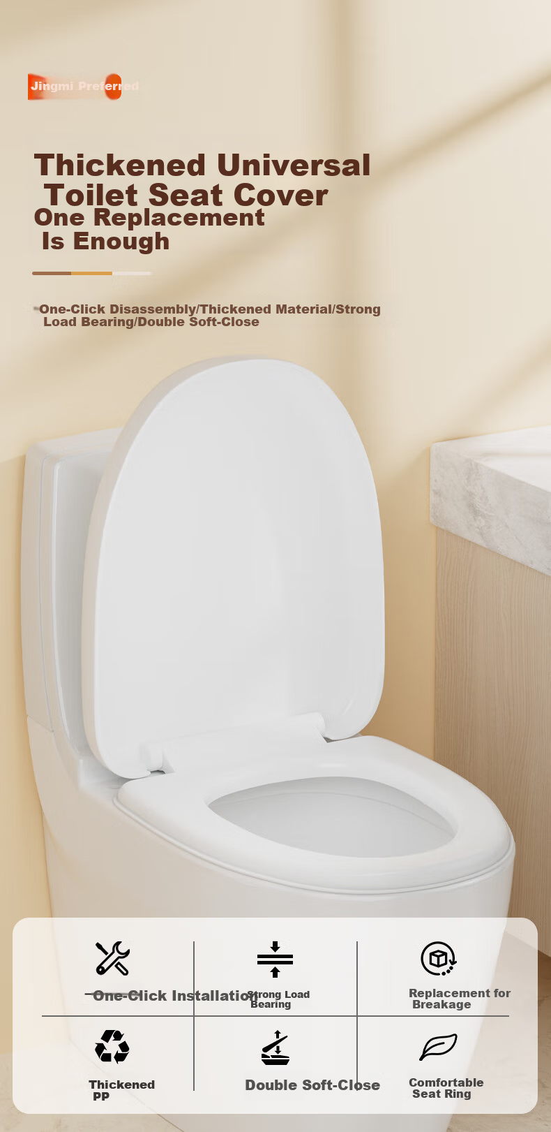 Jingmi Premium Slow-Closing Toilet Seat Universal V-Shaped Thickened Top-Mounted Toilet Lid Cushion 7006 3