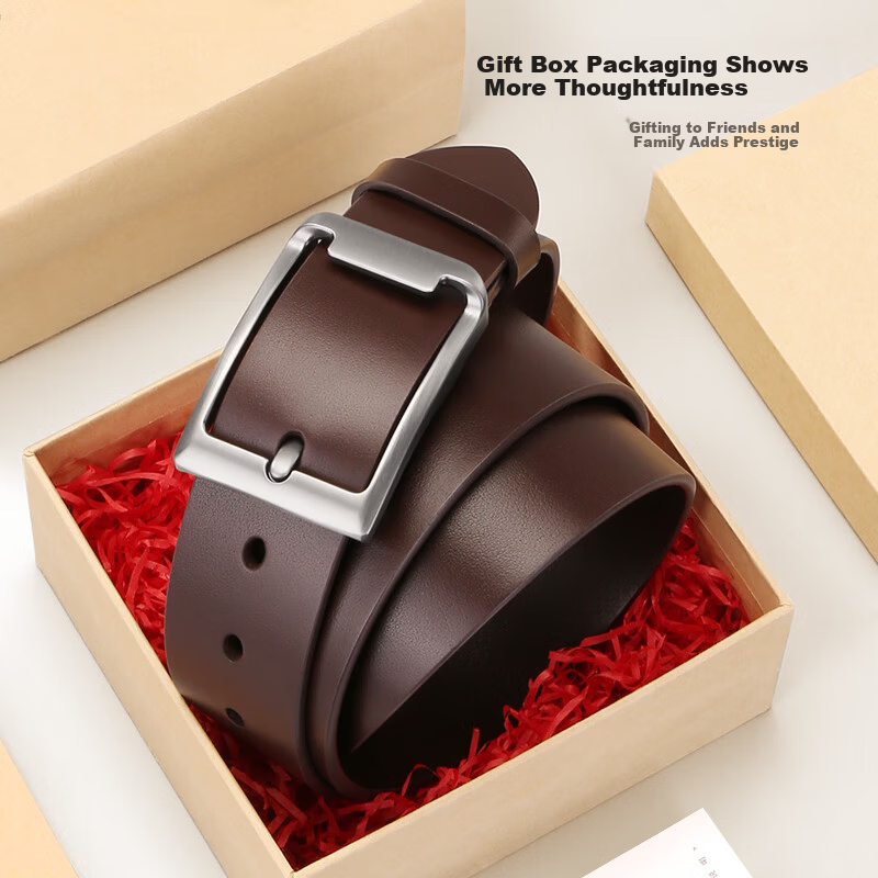 Cattlesboss Genuine Leather Men's Cowhide Belt with Pin Buckle, Top Layer Cowhide 1101, Dark Coffee Color, 125cm