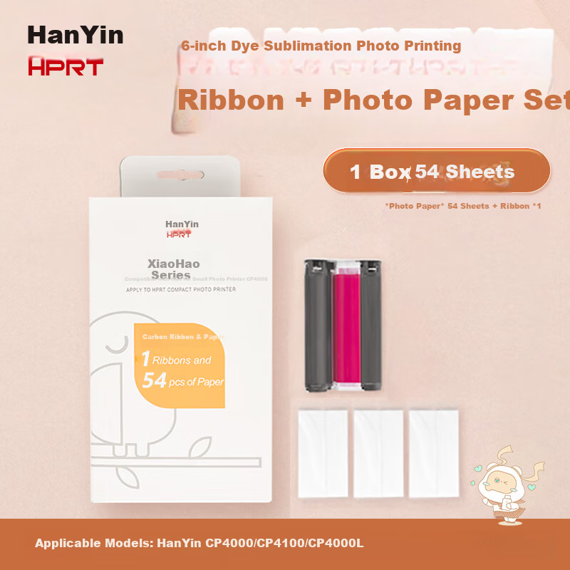 HPRT CP4000L Photo Printer Original 6-Inch Thermal Sublimation Photo Paper 54 Sheets + 1 Ribbon