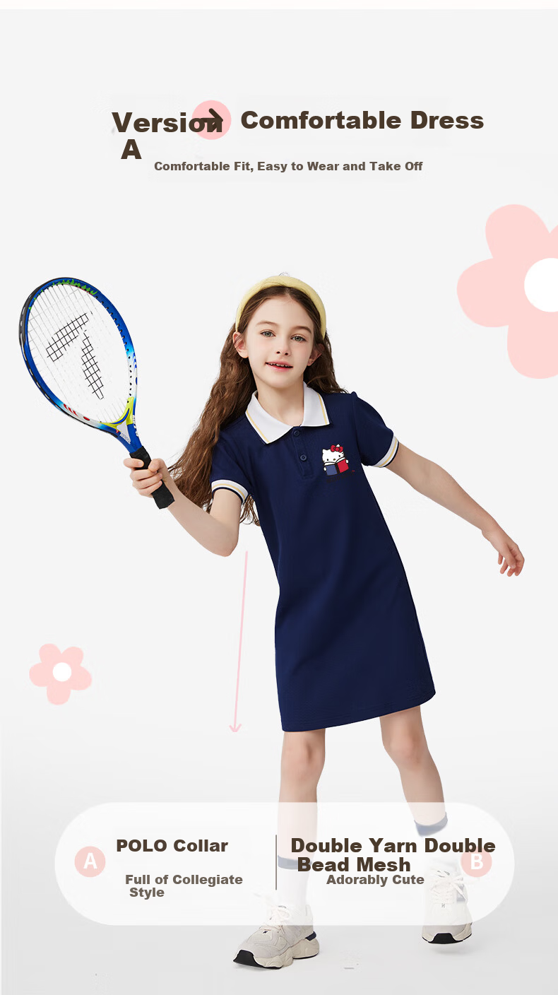 Hello Kitty Girls Summer Dress 2025 New Children's Clothing College Style Polo Dress Trendy Summer Outfit 5