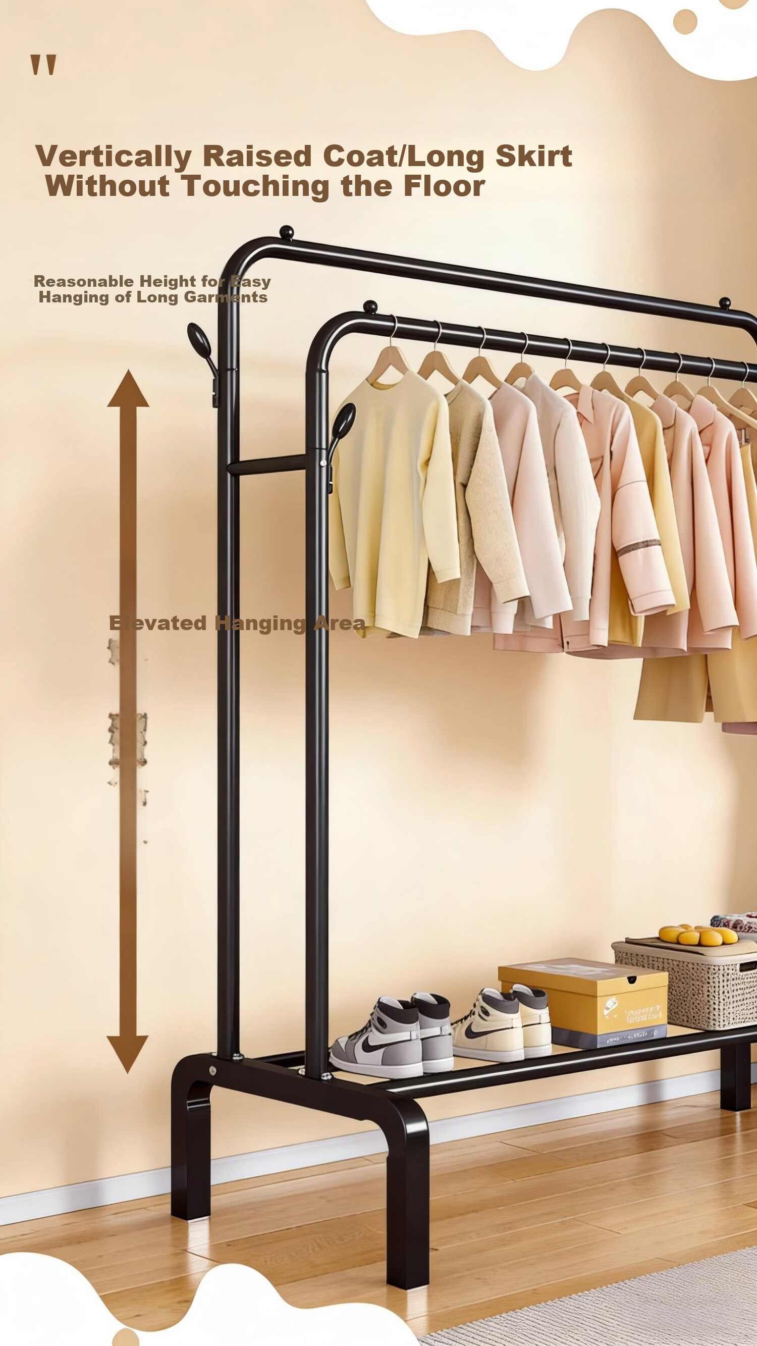 Jiajieshi Floor Standing Coat Rack Bedroom Dedicated Clothes Hanger Dormitory Storage Thickened Double Rod Clothes Drying Rack 1.1m Black 3