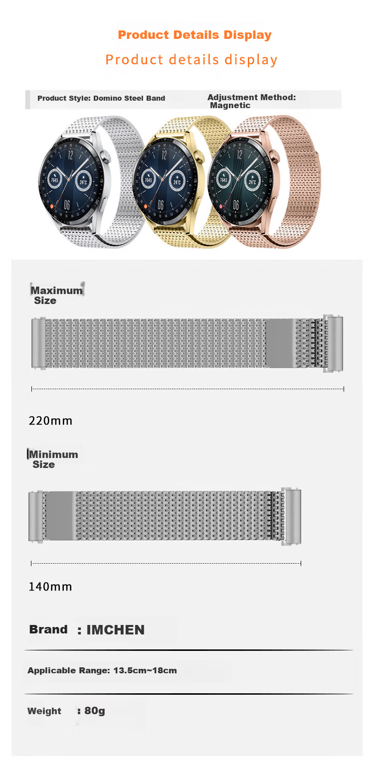 IM-CHEN Metal Braided Magnetic Buckle Strap for Huawei GT6 Pro Watch Band Watch6/GT5/4/3/2/Oppo Watch 4 Pro 22MM - Gold 9