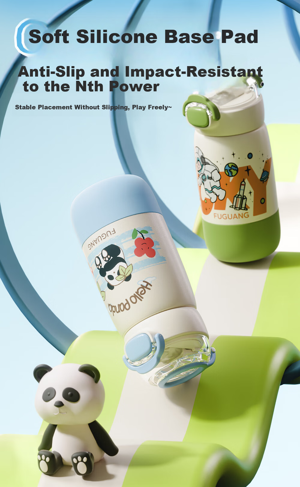 FGA Fuguang Kids Insulated Water Bottle Student Cup 316L Stainless Steel Straw Cup Flip Lid Portable Panda Blue 390ml 5