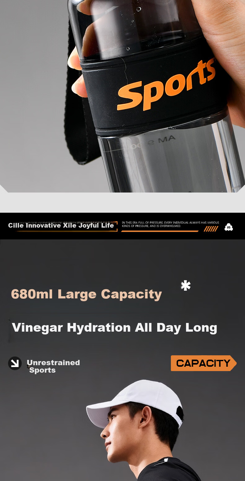 Cille Sports Water Bottle Unisex Outdoor Fitness Large Capacity Tritan High Temperature Resistant Thickened Dual-Drink Portable Cup 9
