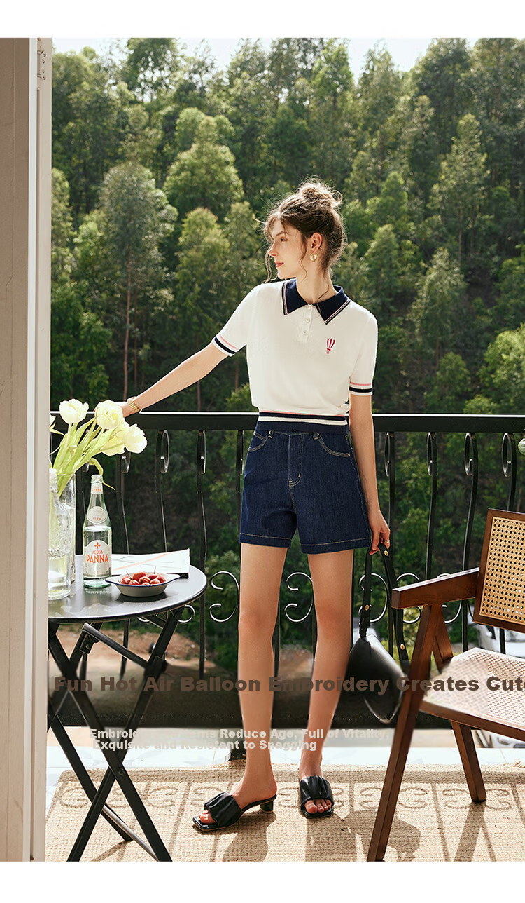 Olrain Eurielle French Style Polo Collar Short Sleeve Knit Top Summer Women's Loose Fit College Style Shirt Off-White L 16