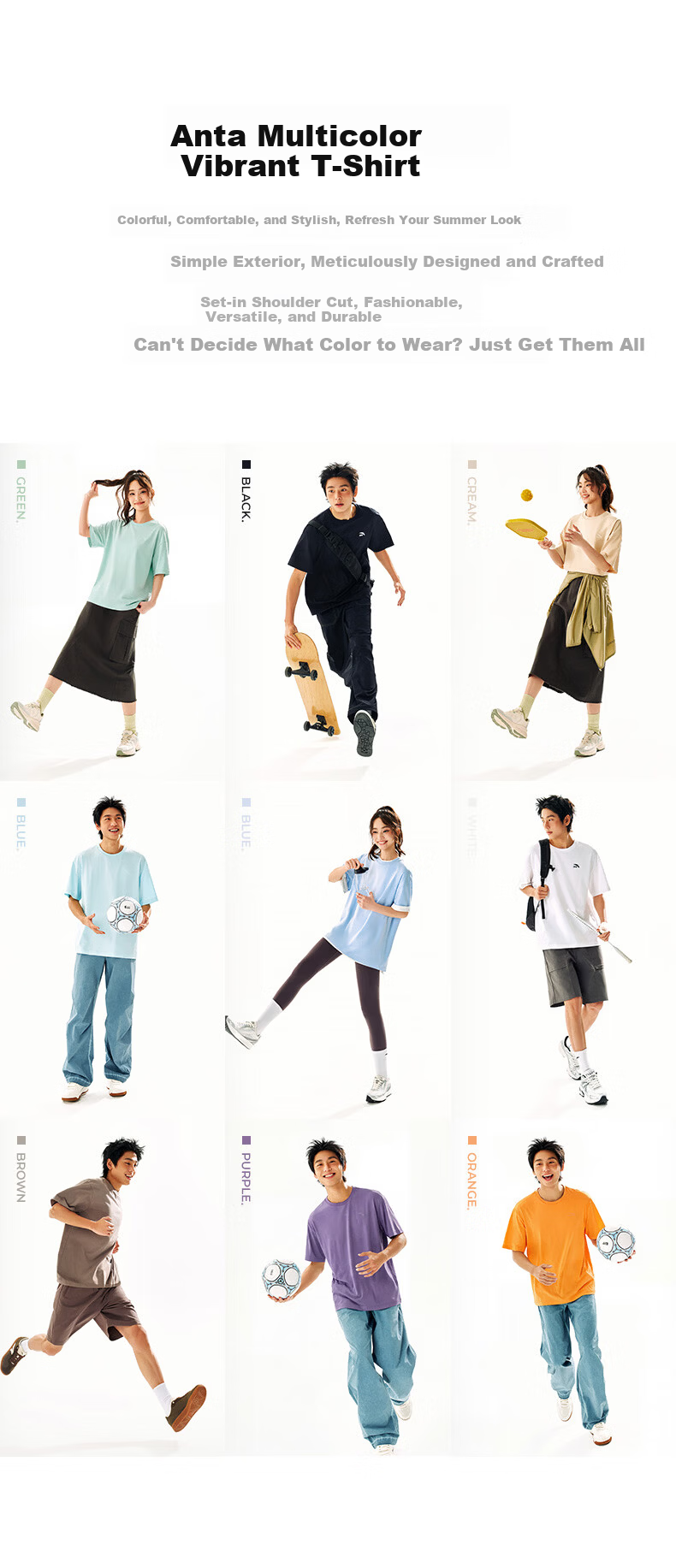 Anta Casual Short Sleeve T-Shirt Unisex Summer Simple Solid Color Crew Neck Sports Base Shirt Loose Fit Couple Top 2
