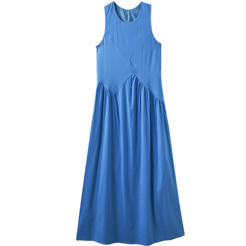 MT Light Oxygen Variations Summer Urban Elegant Round Neck Pleated Splicing Straight Sleeveless Long Dress for Women