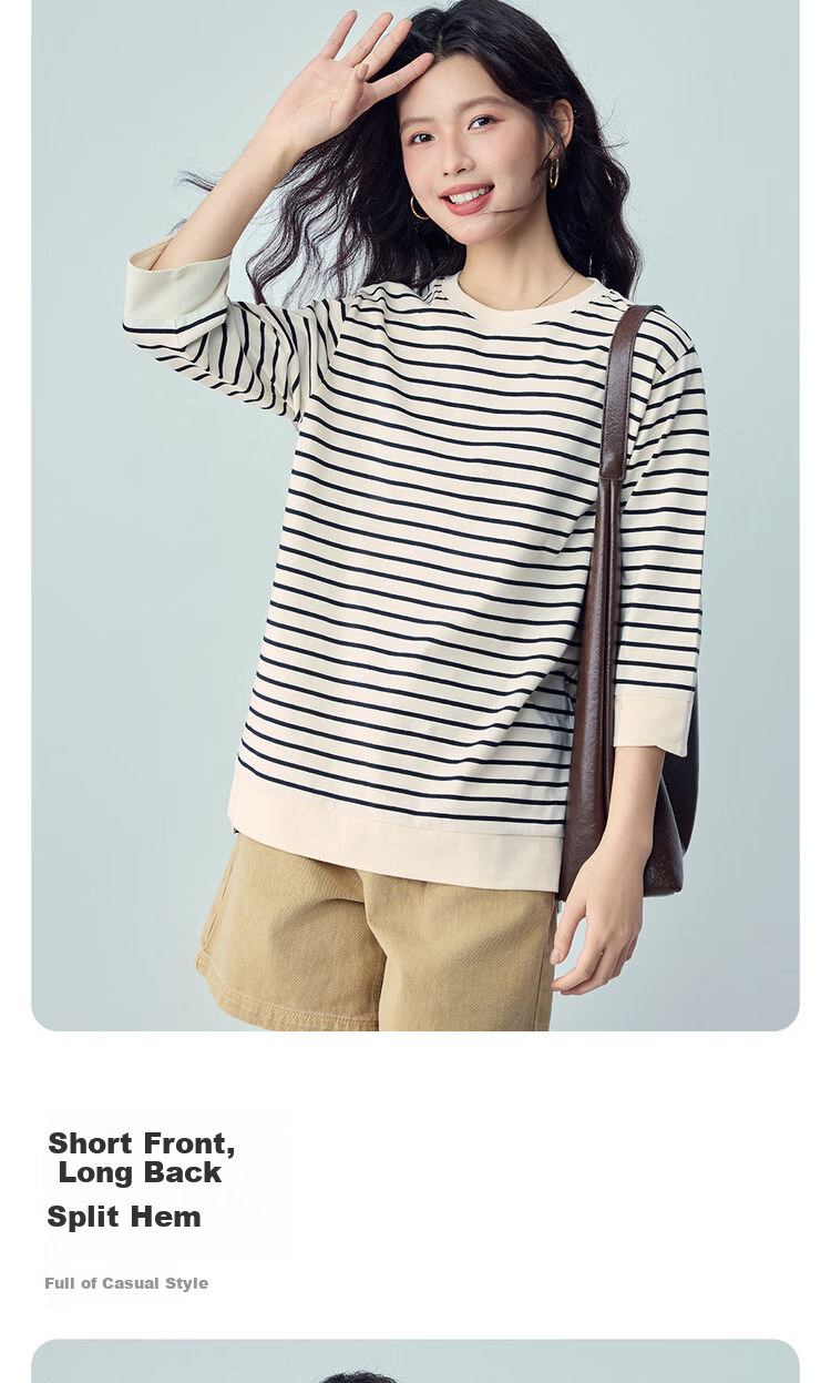 Giordano Women's T-Shirt 2026 Summer Cotton Striped Round Neck High-Low Hem 3/4 Sleeve Top 05326387 6