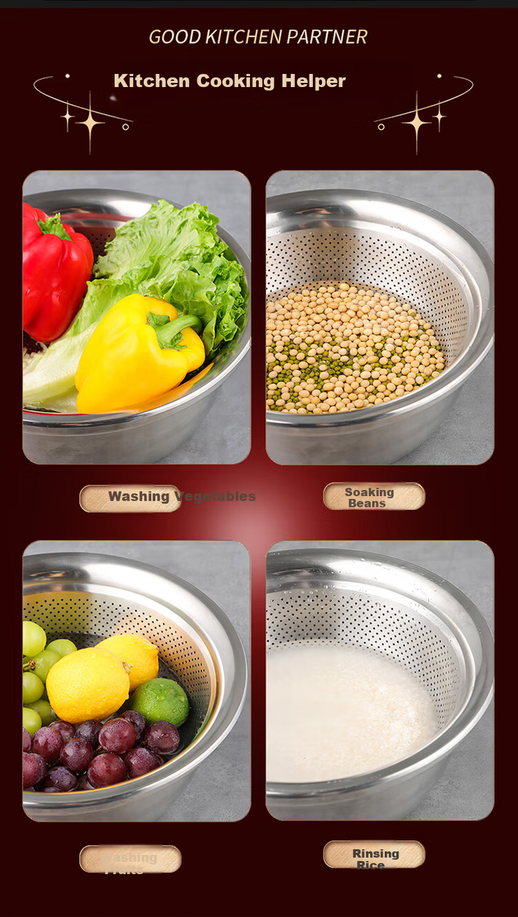 Baijie Stainless Steel Draining Basket Vegetable Washing Basin Rice Washing Basket Kitchen Fruit Basin Large 32cm Set 6