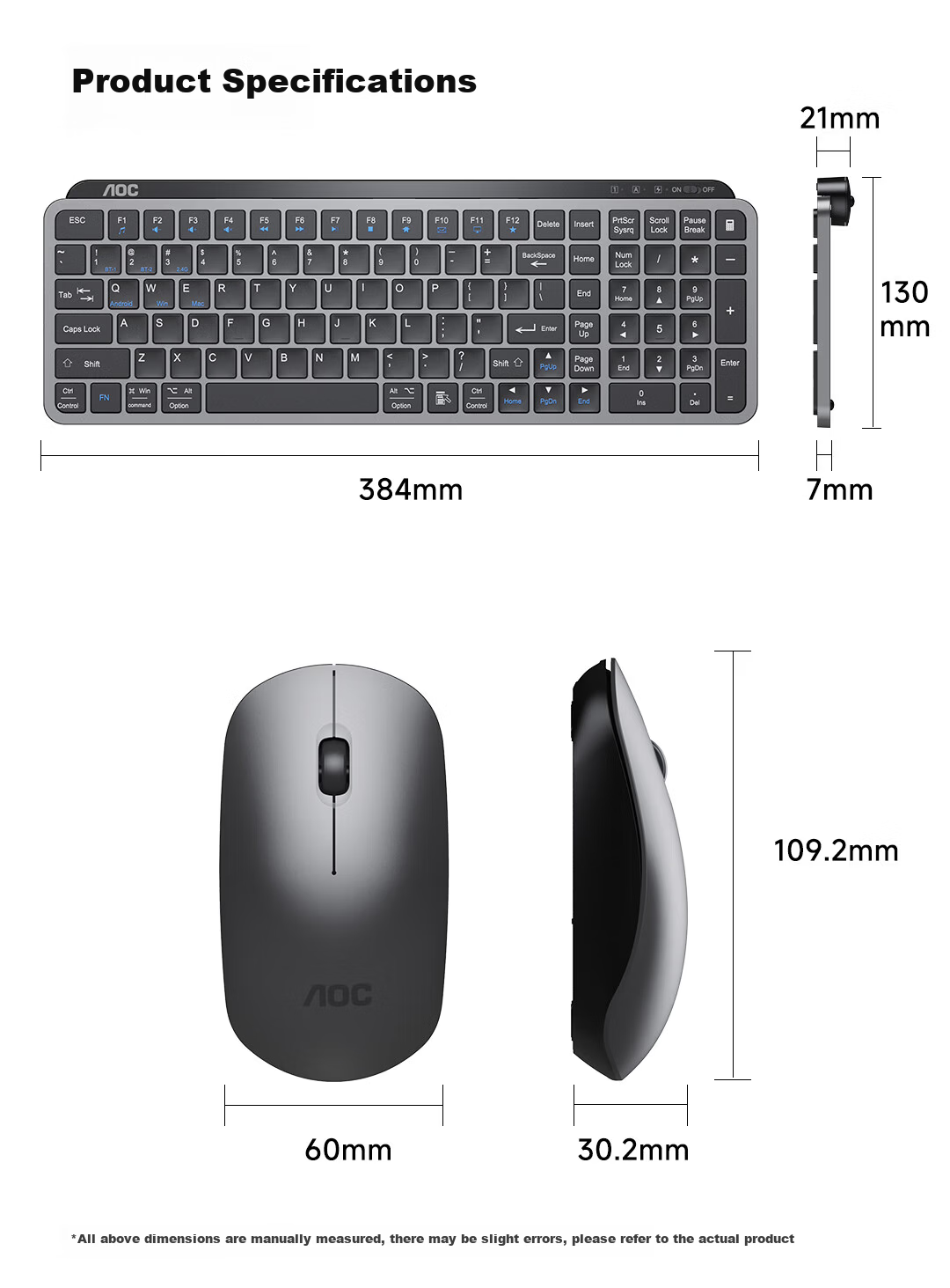 AOC KM600 Wireless Bluetooth Keyboard And Mouse Combo, Dual-Mode Rechargeable Keyboard And Mouse, Scissor Foot Structure, Splash-Resistant, Compatible with Laptops, Black 8