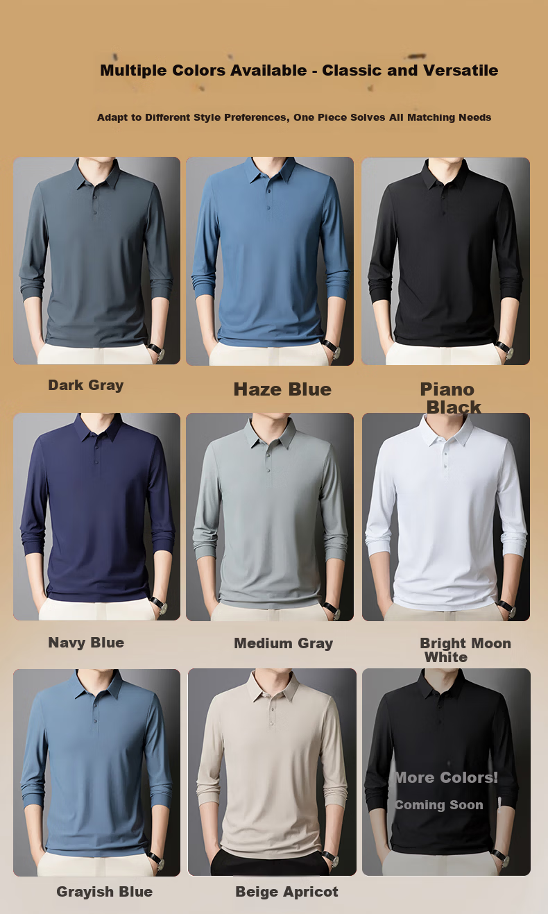 ROMON Men's Business Casual Polo Collar Long Sleeve T-Shirt Extraordinary Pique Skin-Friendly Seamless High-Quality Top Gray 3XL 7