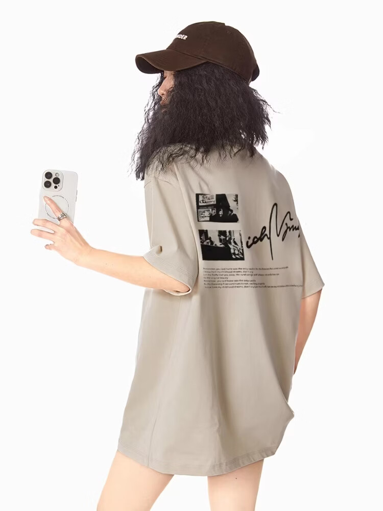 ICH MODE 260G Heavyweight Trendy Back Print Oversize T-Shirt Women Top Apricot L 12