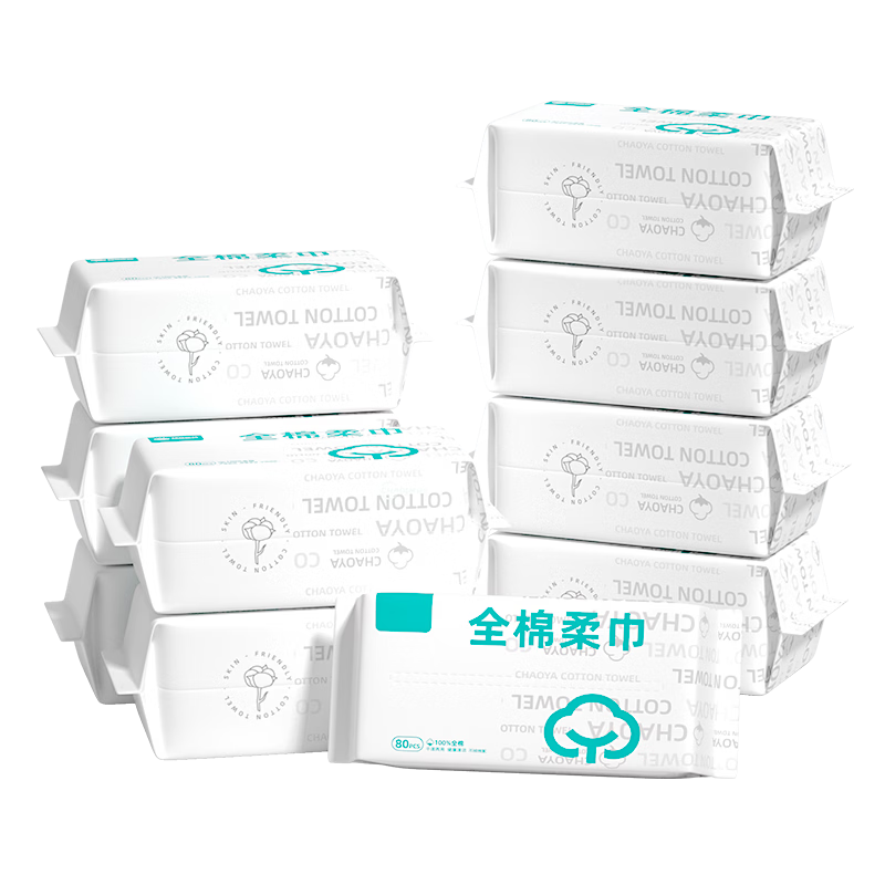 Chaoya Baby Soft Cotton Wipes, Extra Large And Thick, 100% Pure Cotton, for Both Dry And Wet Use, Face Towels, Suitable for Infants And Children, 80 Sheets Per Pack, 10 Packs