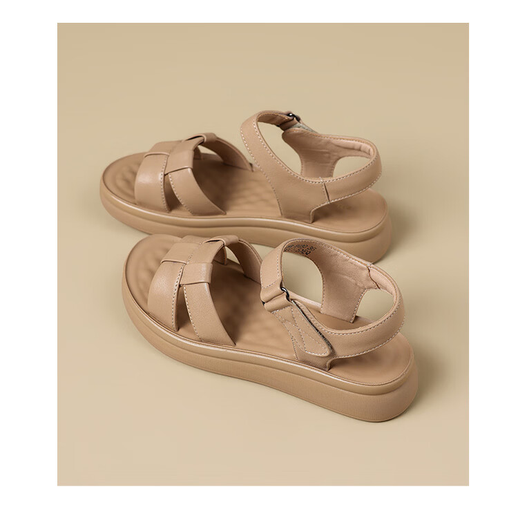 ZHR Women's Thick-Soled Sandals Summer New First Layer Cowhide Beach Shoes Comfortable Casual Woven Shoes EQ30 Apricot Size 40 16
