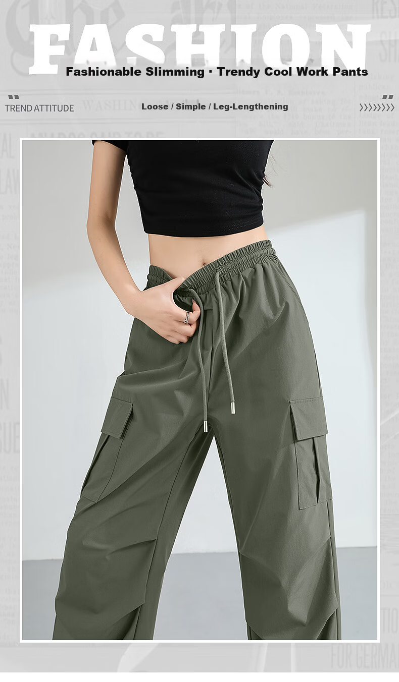 TonLion Women's Summer Cooling Workwear Pants New Wide-Leg Slim Outdoor Sports Drawstring Hem Straight-Leg Trousers 2