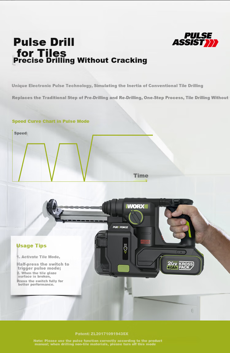 WORX 20V Dust Collection Lithium Battery Hammer Drill WU384T.9 (Bare Tool) Cordless Impact Drill Concrete Electric Tool 11