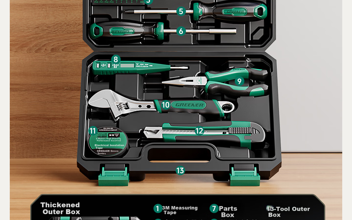 GREENER Household Toolbox Set Electrician Carpenter Telecom Repair Hardware Hand Tool Set 123 Pieces 24