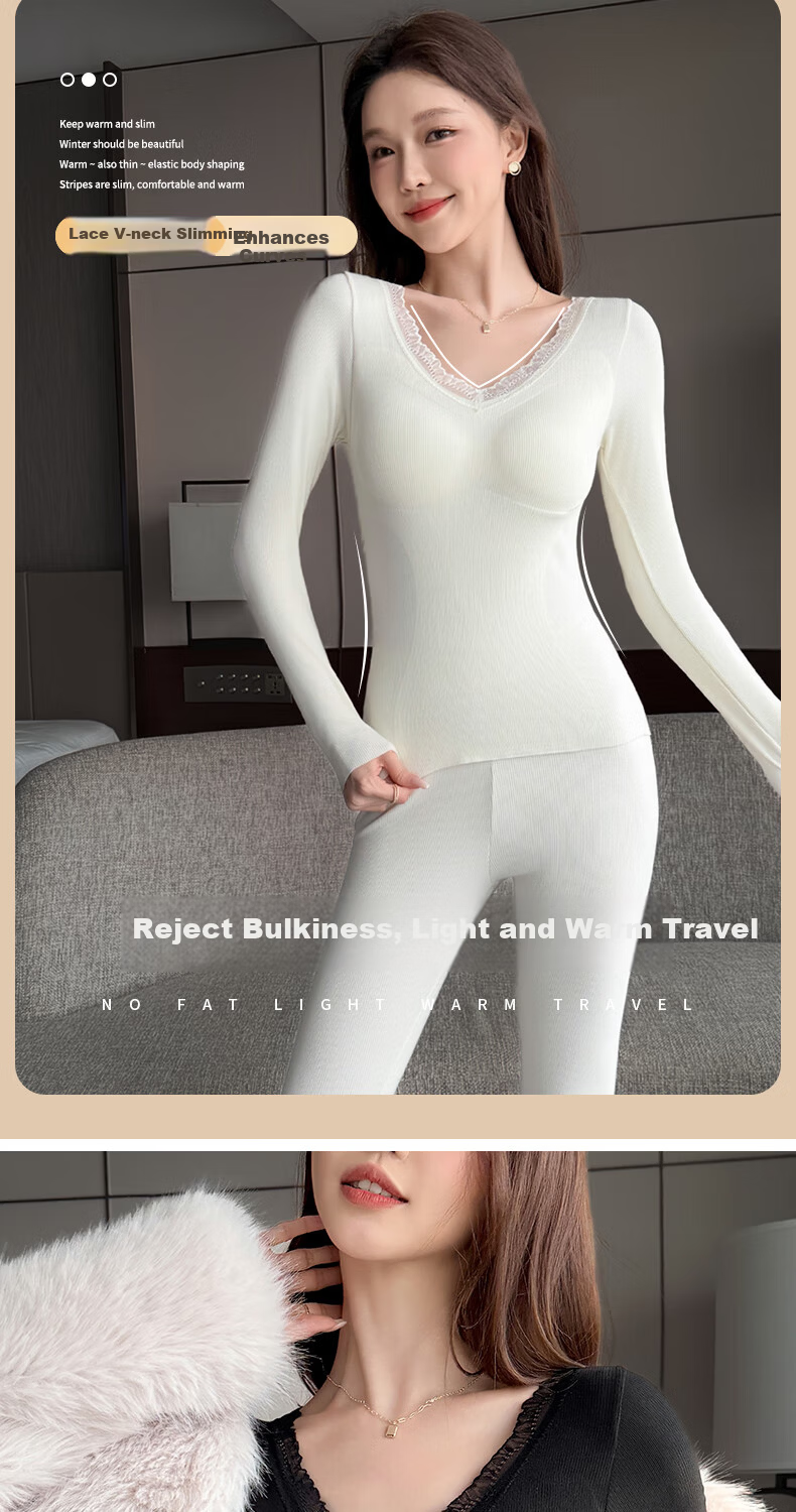 MiiOW Women's Thermal Underwear Set Cotton Slim Fit Fleece Lined Autumn Top and Bottom with Chest Pad Winter Base Layer 5