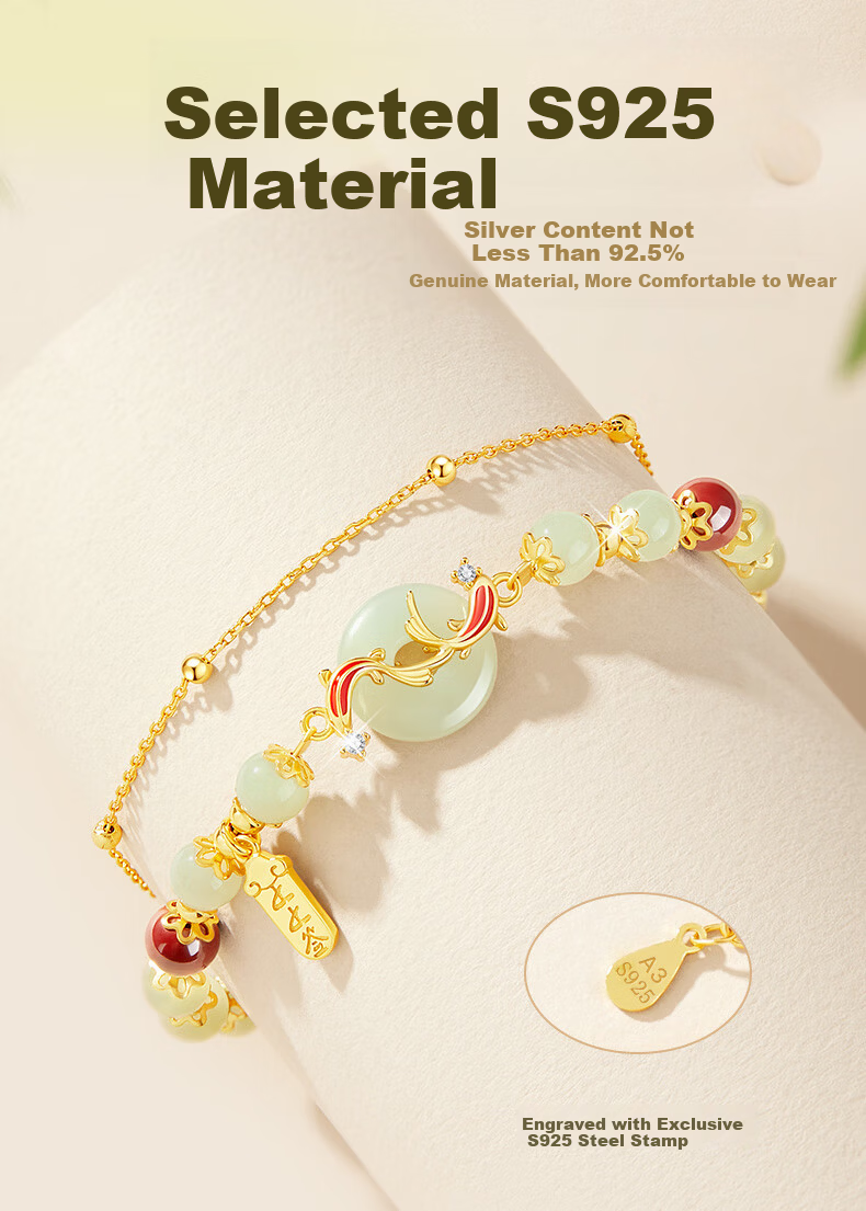 Zhenshangyin China Gold Koi Fish Safety Clasp Bracelet for Women, 2026 New Style Hetian Jade Beaded Bracelet, Birthday Gift for Girlfriend, S925 5