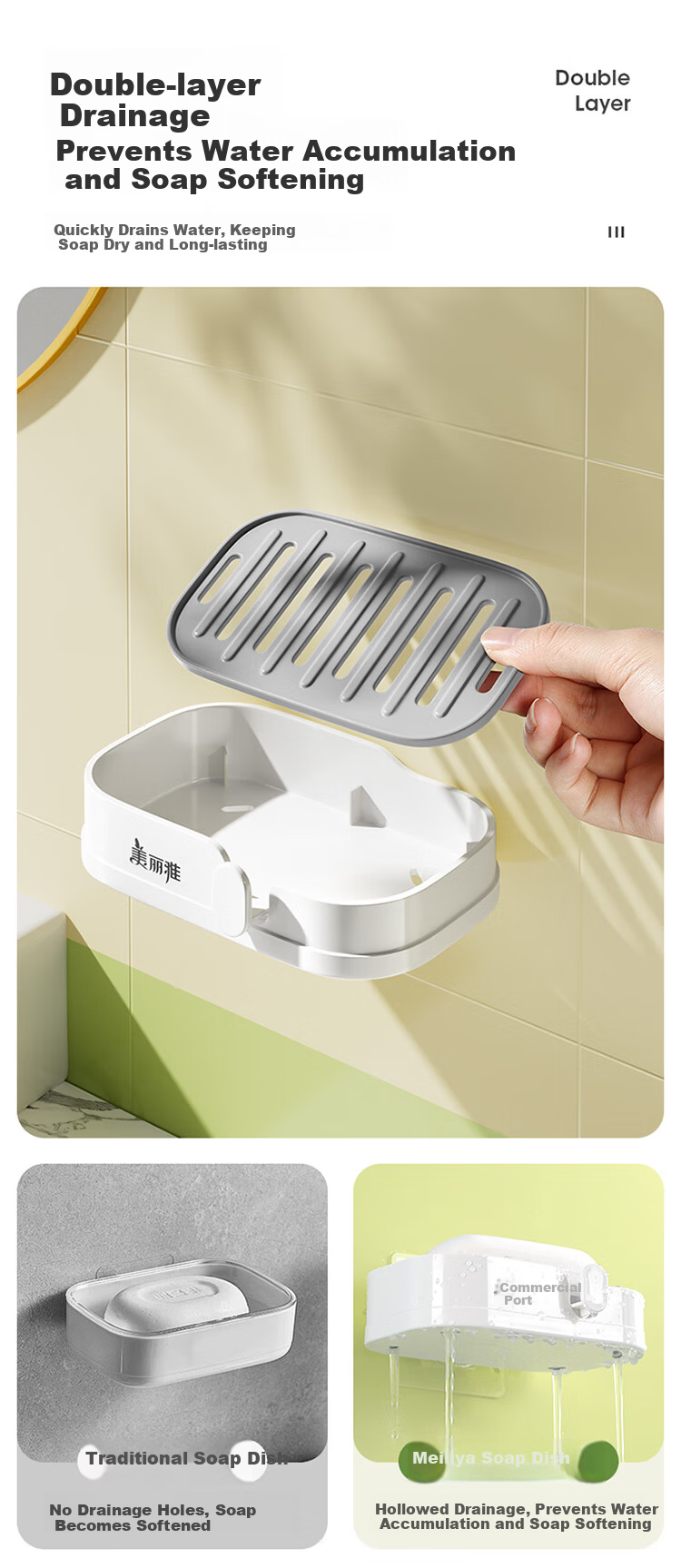 Meiliya Wall-Mounted Double-Layer Draining Soap Dish No-Drill Bathroom Soap Holder Household Soap Box 3