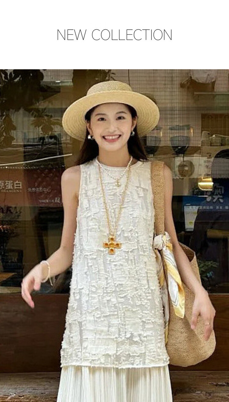 MT "Flowing Moonlight" Summer Small Chanel Style Cutwork Texture Sleeveless Spliced Pleated Hem Dress for Women High-End Feel 1