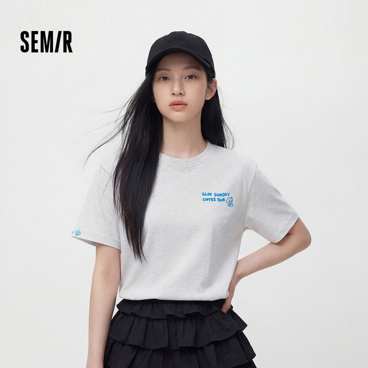 Semir Mall Style | Women's Summer Short Sleeve T-Shirt Embroidered Print Loose Drop Shoulder 2026 Boutique Clothing 101326100037