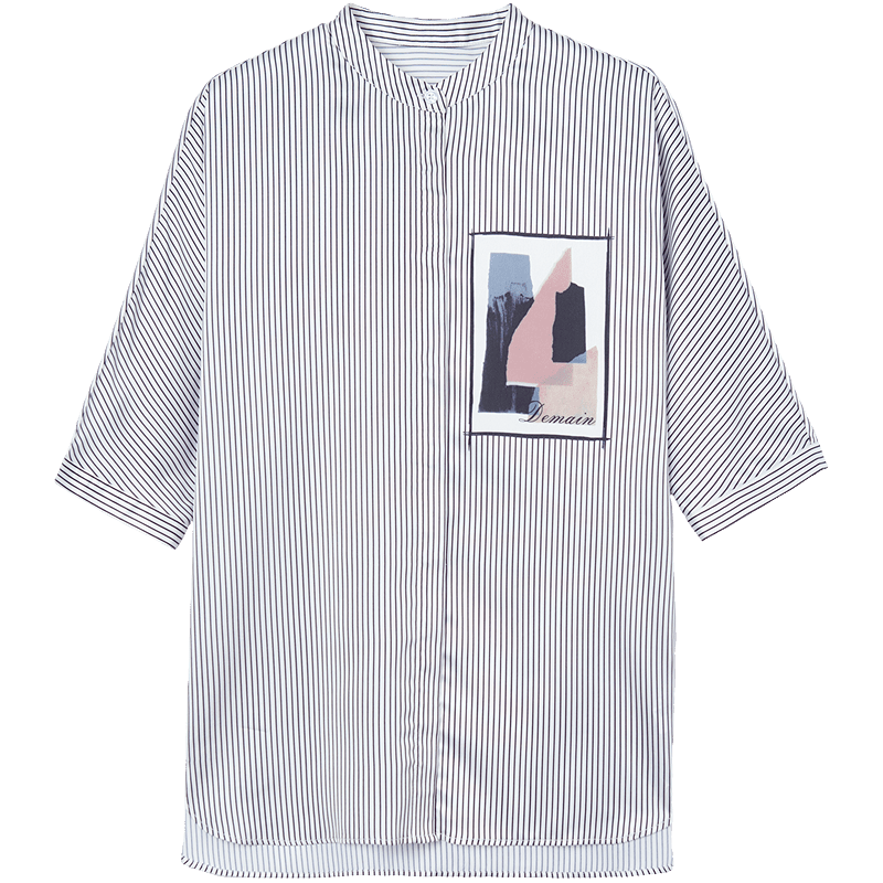 Demana Striped Overture Summer Elegant Stand Collar Short Sleeve Printed Loose Slimming Shirt for Women