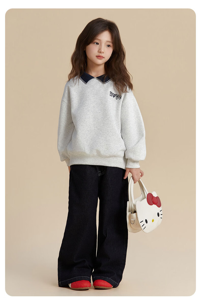Fulomi Girls' Sweatshirt Spring and Autumn Korean Style Casual Loose Lapel Children's Fashion Clothing Gray 150 10