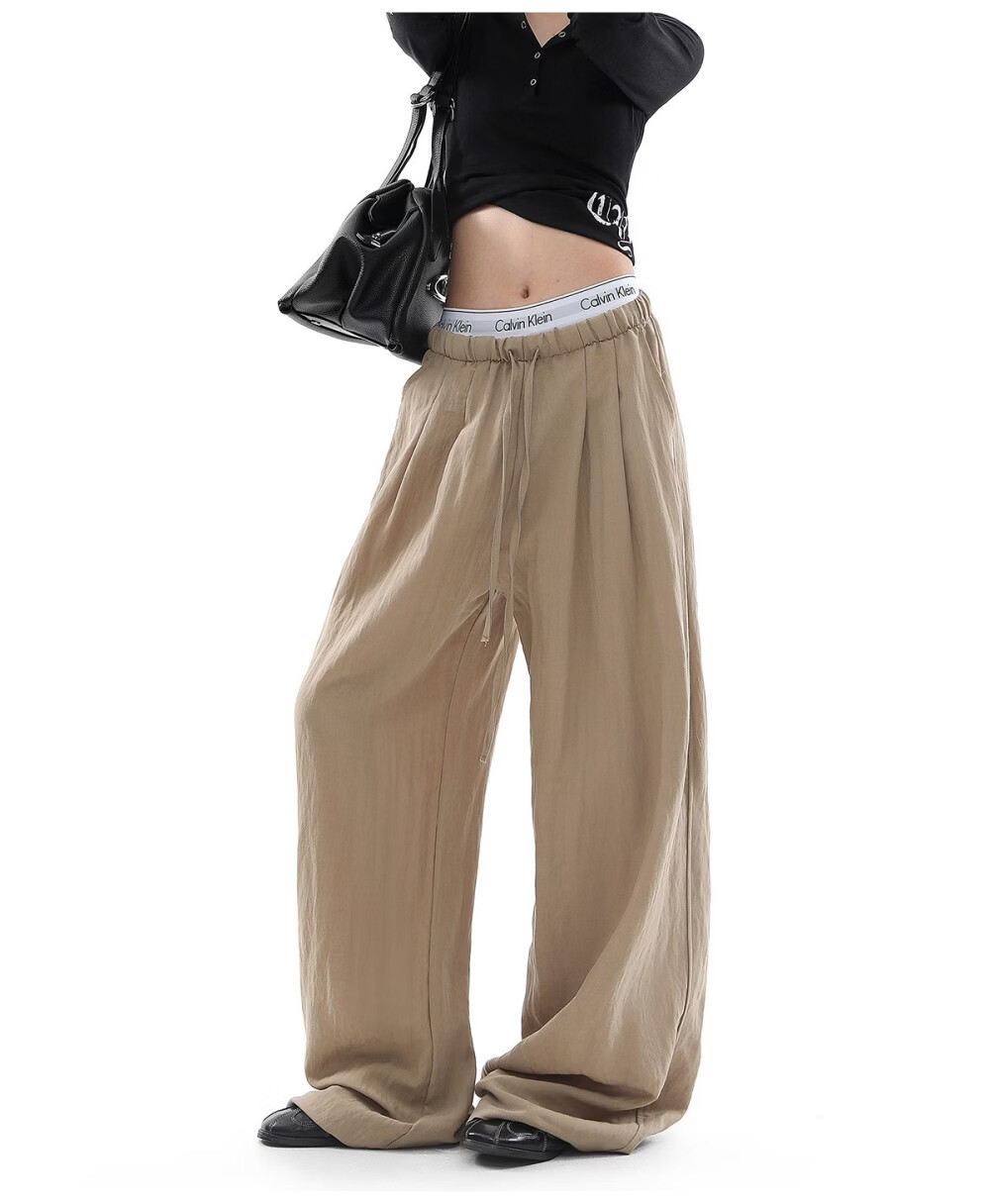 ICH MODE Women's Draped Linen Casual Pants New Loose Straight Wide-Leg Trousers Sports Pants Four Seasons Navy Blue S 25