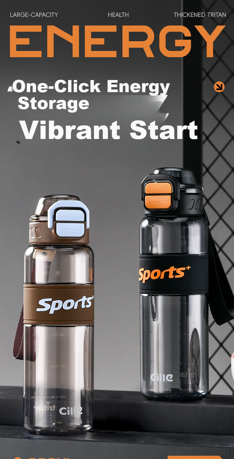 Cille Sports Water Bottle Unisex Outdoor Fitness Large Capacity Tritan High Temperature Resistant Thickened Dual-Drink Portable Cup 1
